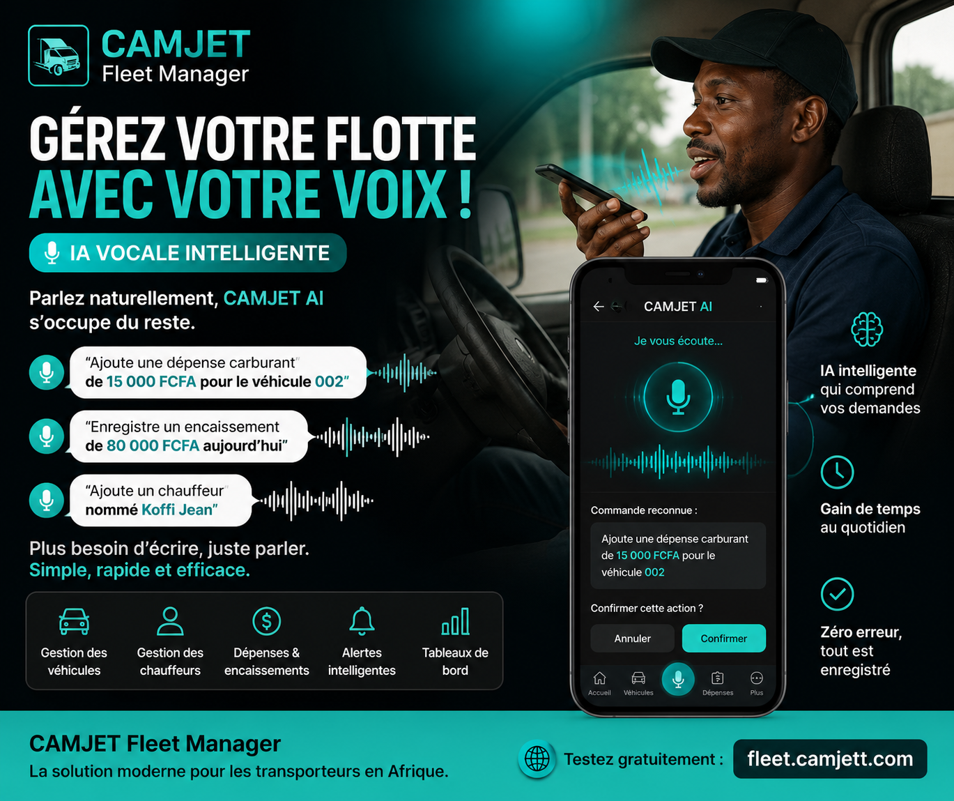 Visuel CAMJET montrant l'assistant vocal IA pour gérer la flotte avec la voix